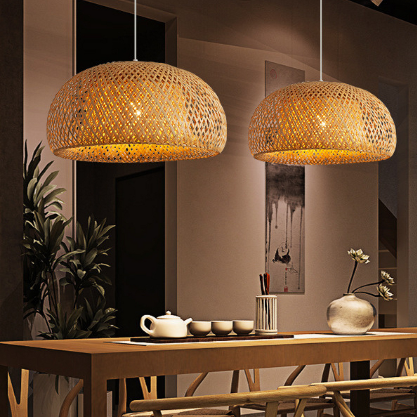 Handgemaakte Rotan Hanglamp voor Eettafel – Verstelbare Bamboe Lamp tot 120 cm in Japandi Stijl