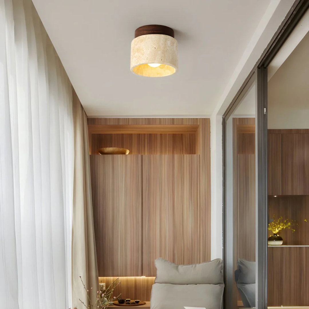 Japanse Dimbare Plafondlamp van Marmer en Hout Walnoot