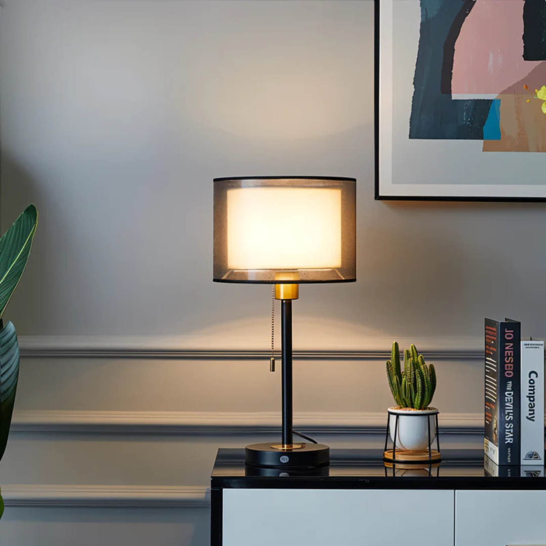 Tafellamp met Dubbele Stoffen Kap en Warm Witte LED Verlichting Zwart Transparant