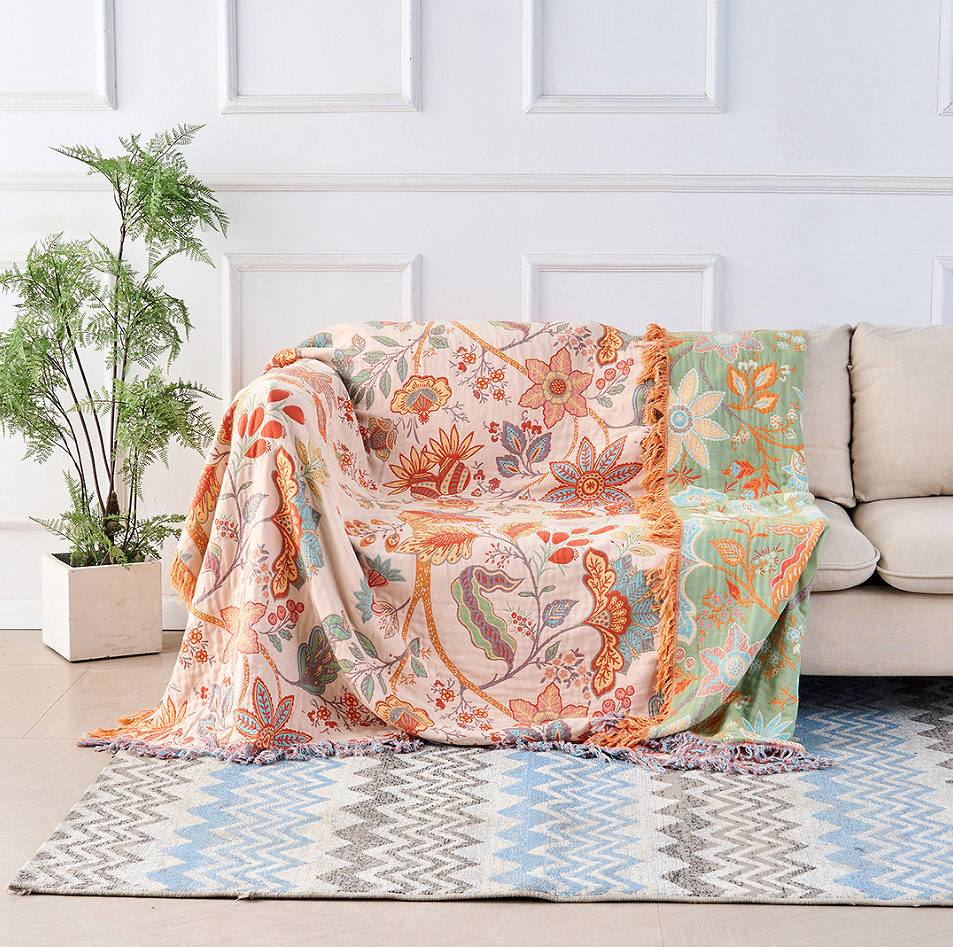 Boho Katoenen Dekentje met Bloemenprint – Decoratief en Geschikt voor Woonkamer, Slaapkamer, Buiten 0