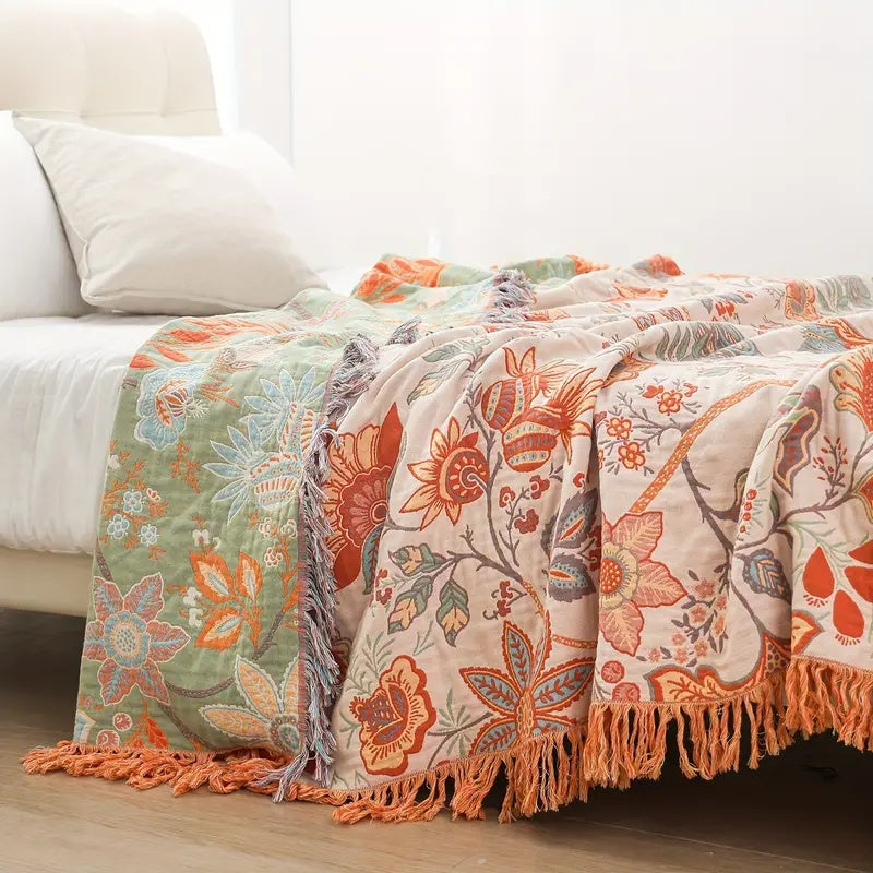 Boho Katoenen Dekentje met Bloemenprint – Decoratief en Geschikt voor Woonkamer, Slaapkamer, Buiten 1
