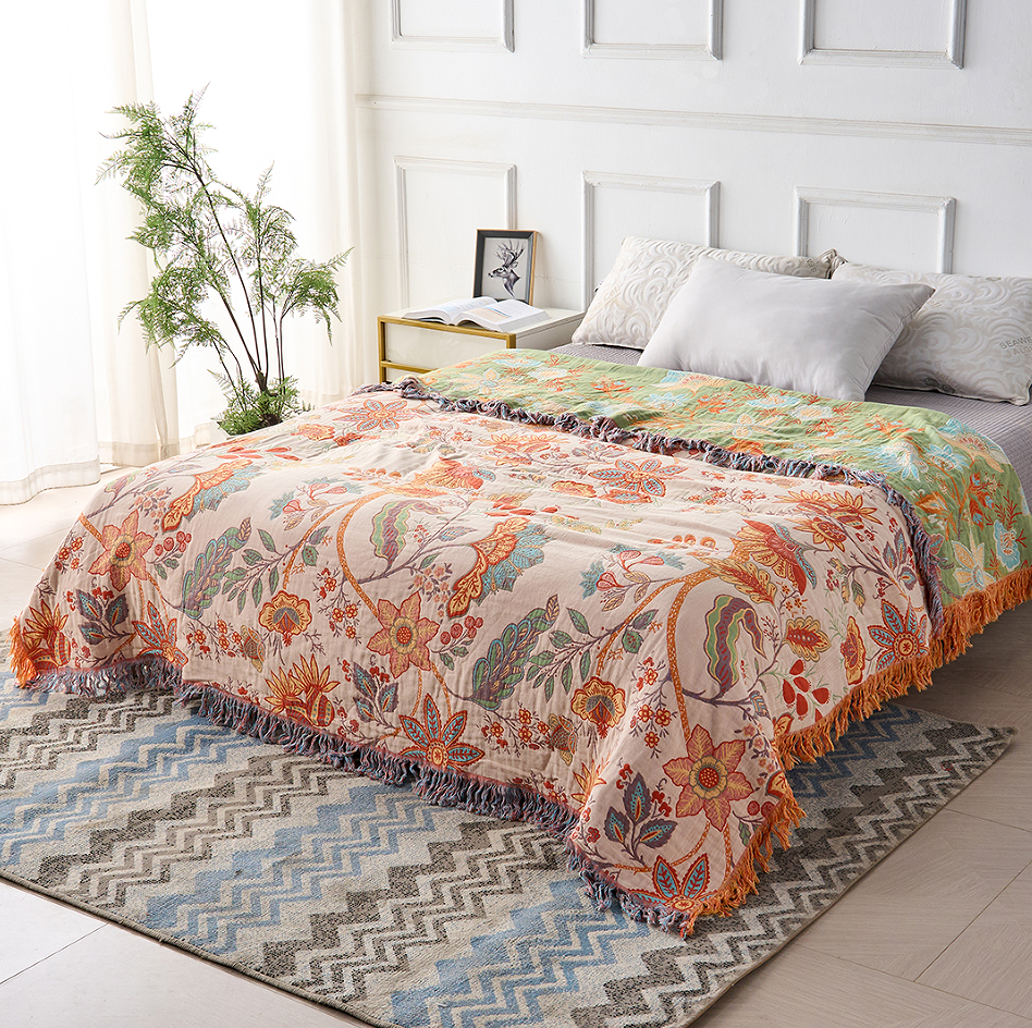 Boho Katoenen Dekentje met Bloemenprint – Decoratief en Geschikt voor Woonkamer, Slaapkamer, Buiten 2