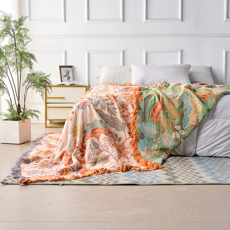 Boho Katoenen Dekentje met Bloemenprint – Decoratief en Geschikt voor Woonkamer, Slaapkamer, Buiten 3