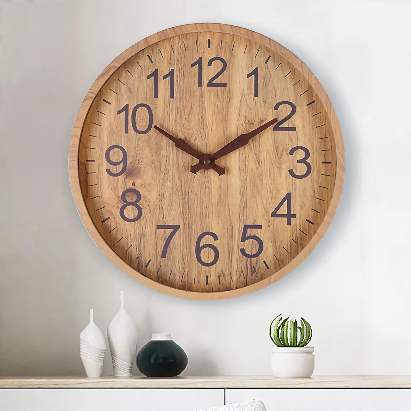 Elegante Houten Wandklok – Stille Keukenklok met Grote Cijfers en Geruisloze Werking 1