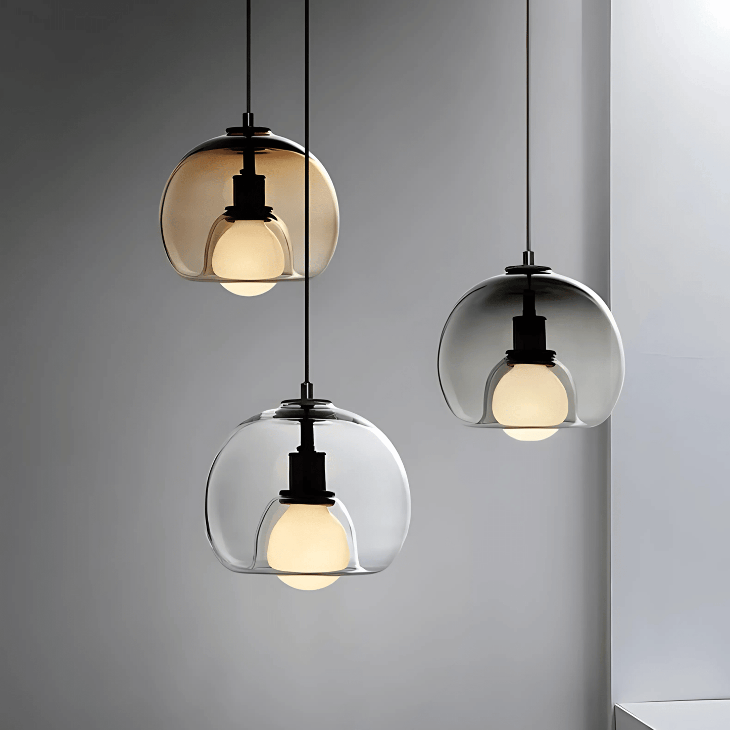 Handgeblazen Glazen Hanglamp voor Eettafel – Clyde Collectie in Rookgrijs, Helder en Amber 2