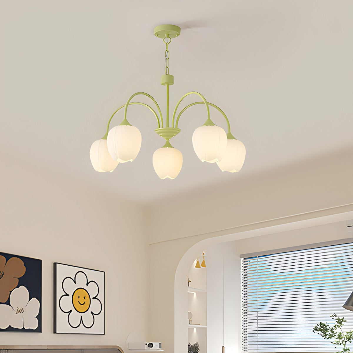 Hanglamp met Tulpenvormige Glazen Schalen en Vintage Metalen Frame voor Eettafel en Woonkamer 2