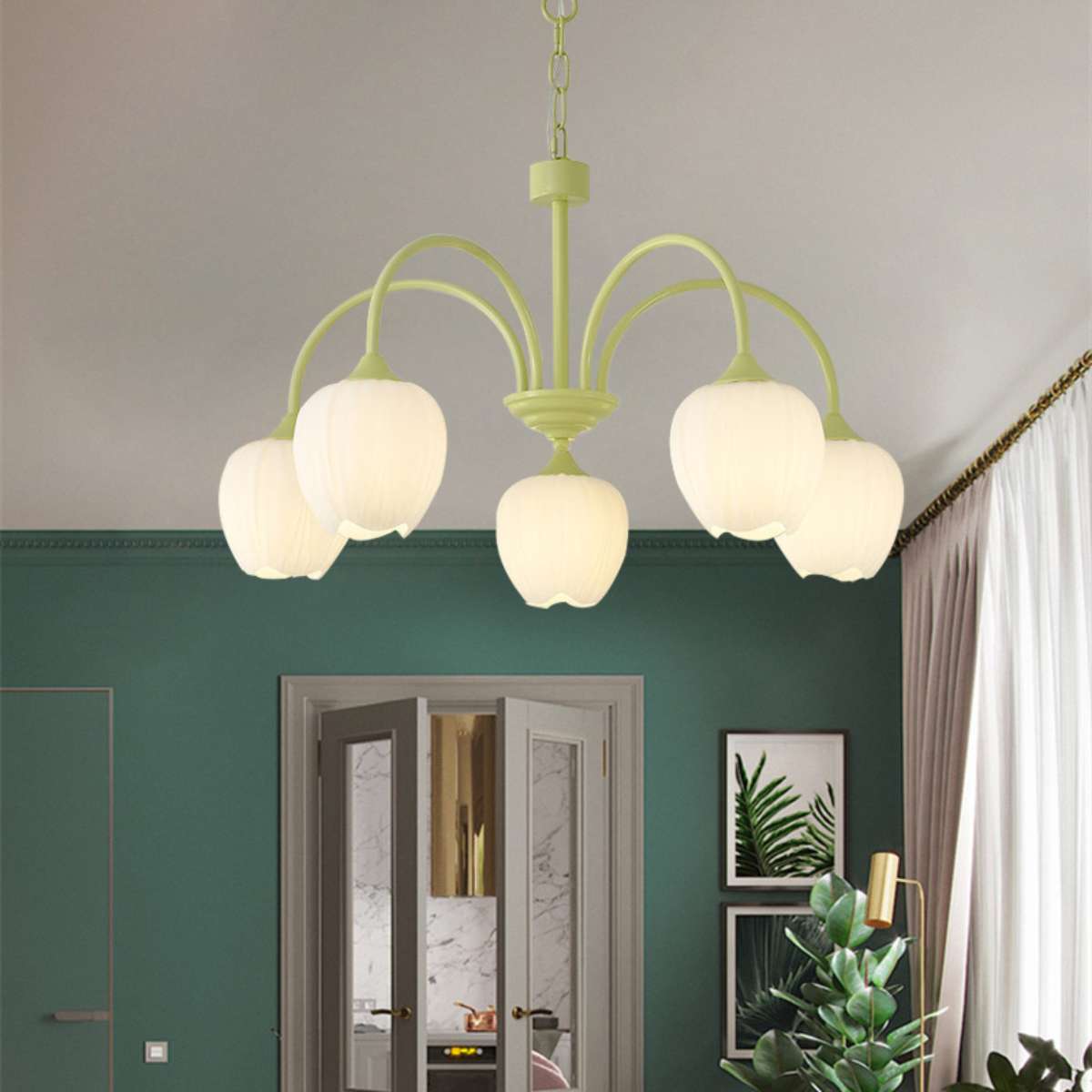 Hanglamp met Tulpenvormige Glazen Schalen en Vintage Metalen Frame voor Eettafel en Woonkamer 5