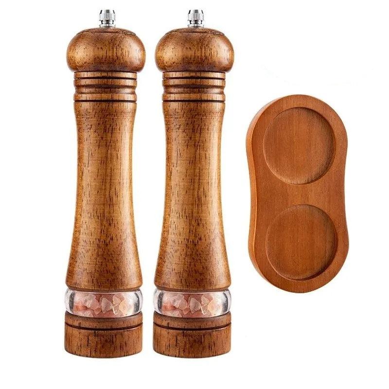 Houten Peper- en Zoutmolen met Instelbare Grofheid Set van 2 met Basis