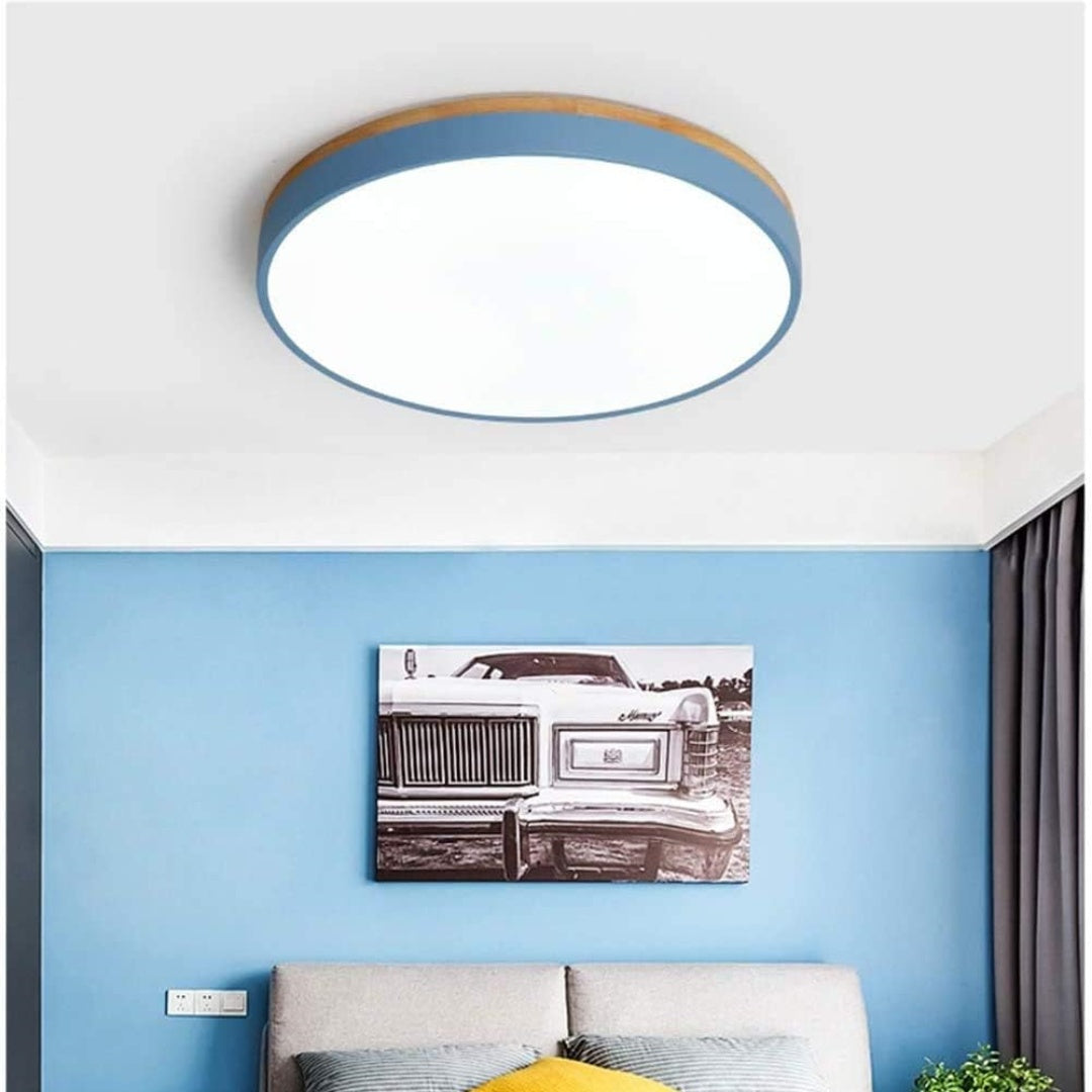 Houten Ronde Plafondlamp met LED Blauw