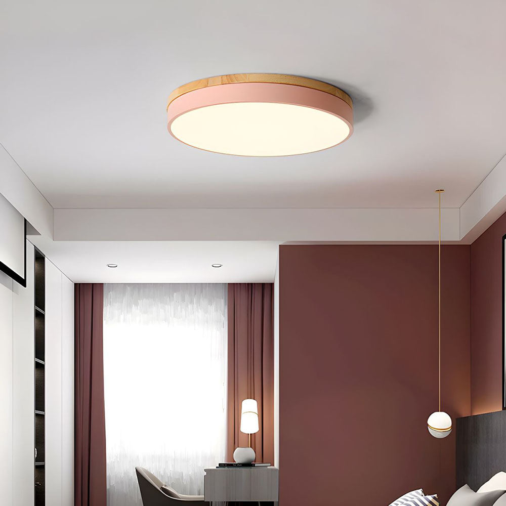 Houten Ronde Plafondlamp met LED Roze
