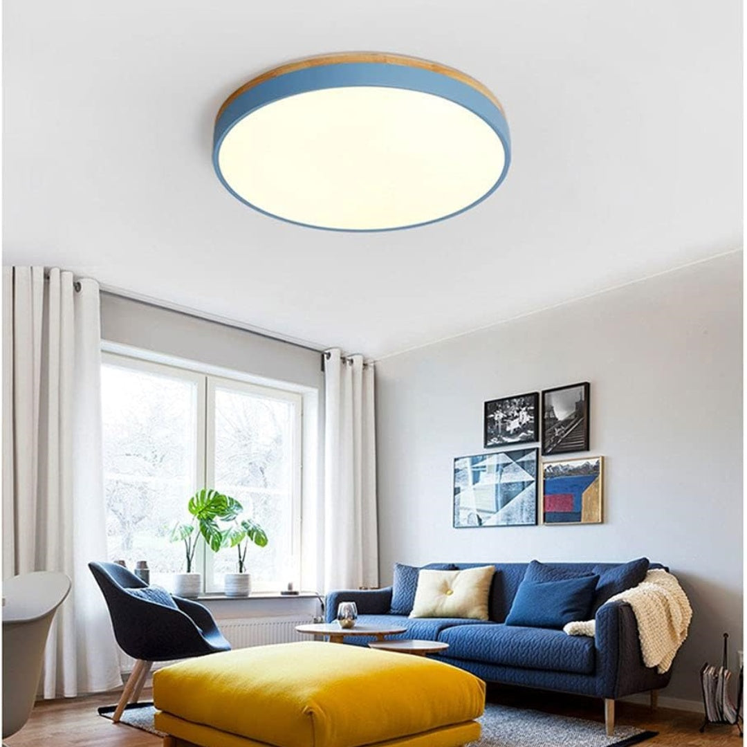 Houten Ronde Plafondlamp met LED Blauw