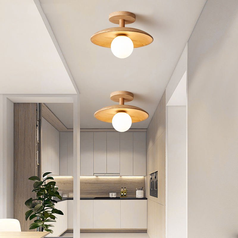 Houten Plafondlamp met Glazen Bol - Scandinavische LED Lamp