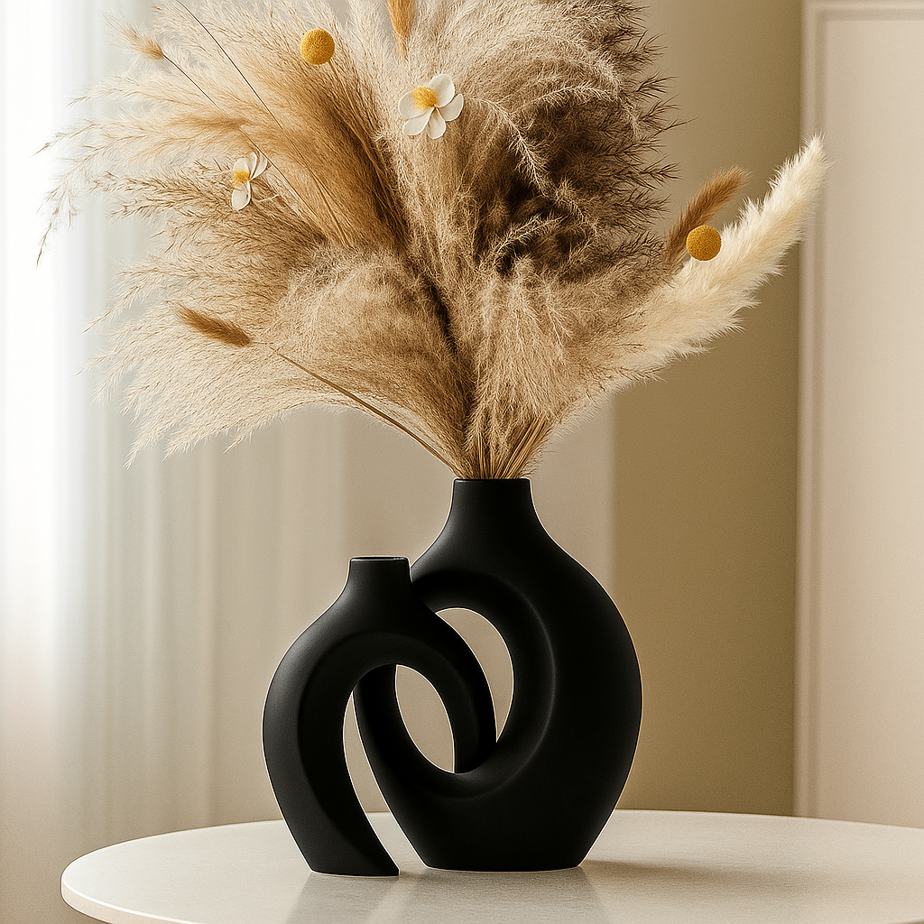 Minimalistische Zwarte en Witte Vazen Set van 2 – Grote en Kleine Vaas voor Modern Interieur 1