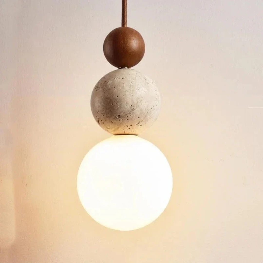 Moderne Hanglamp van Travertijn en Mahonie voor Eettafel en Woonkamer – LED Verlichting 0