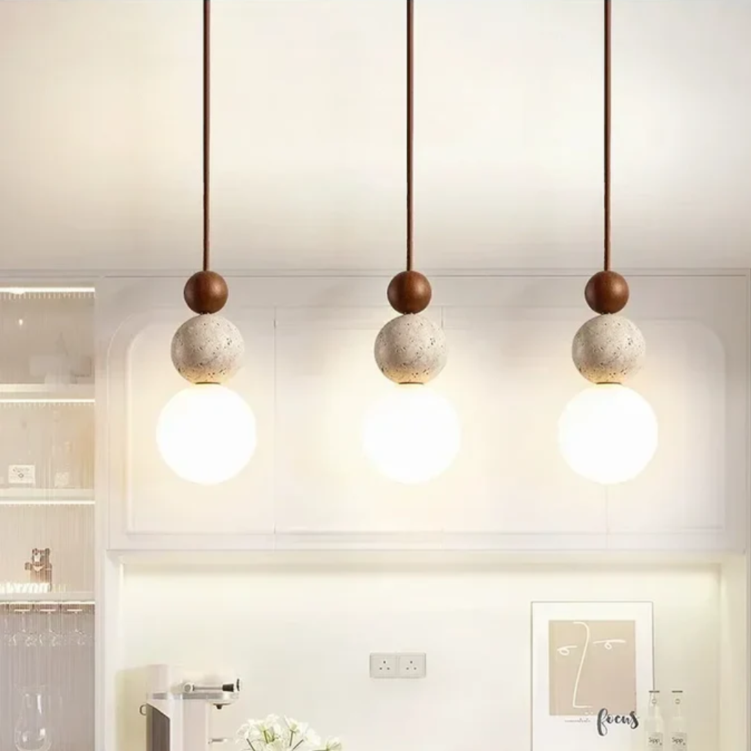 Moderne Hanglamp van Travertijn en Mahonie voor Eettafel en Woonkamer – LED Verlichting 1