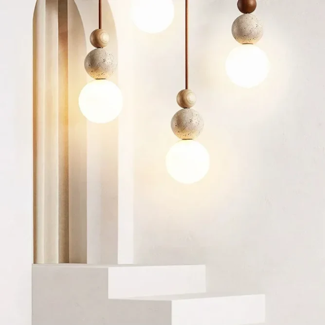 Moderne Hanglamp van Travertijn en Mahonie voor Eettafel en Woonkamer – LED Verlichting 2