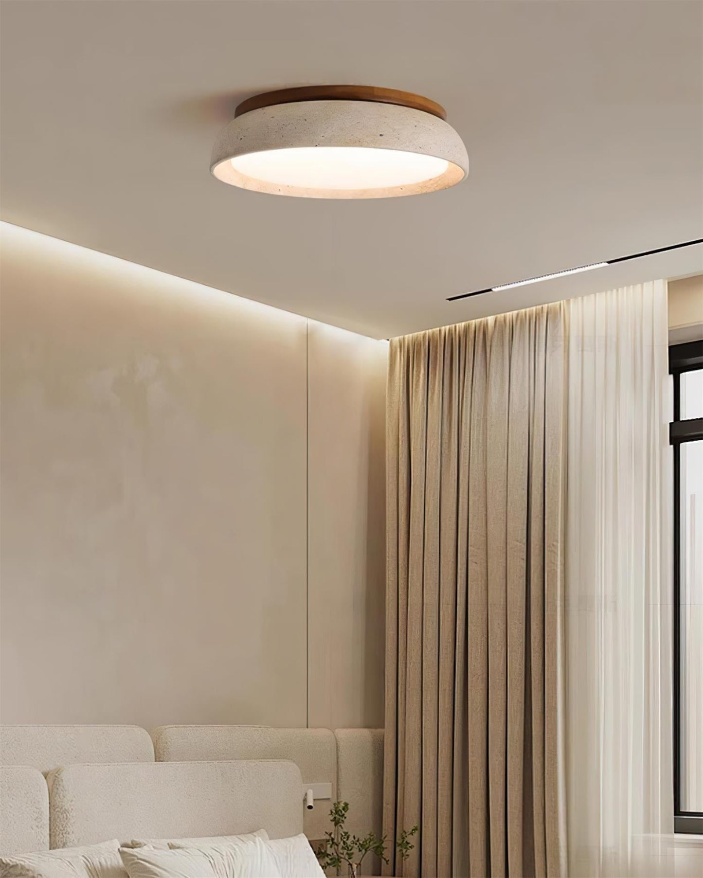 Moderne Travertine LED Plafondlamp met Warm Witte Verlichting en Natuurlijke Houten Accenten 4