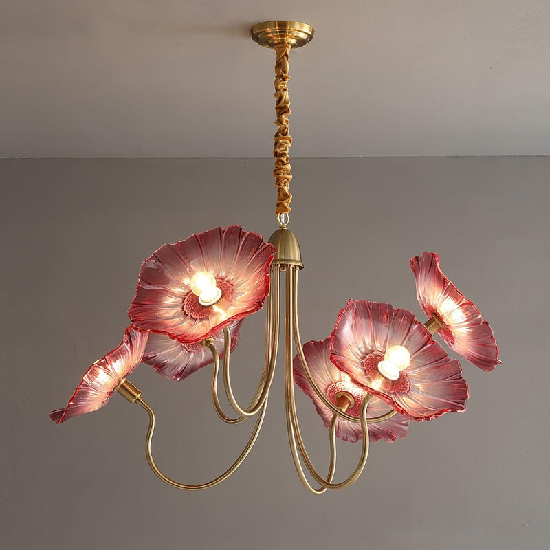 Natuurlijke Lotusblad Hanglamp voor Eettafel en Woonkamer 6 lichtkoppen ∅ 90cm x H 55cm Goud Roze