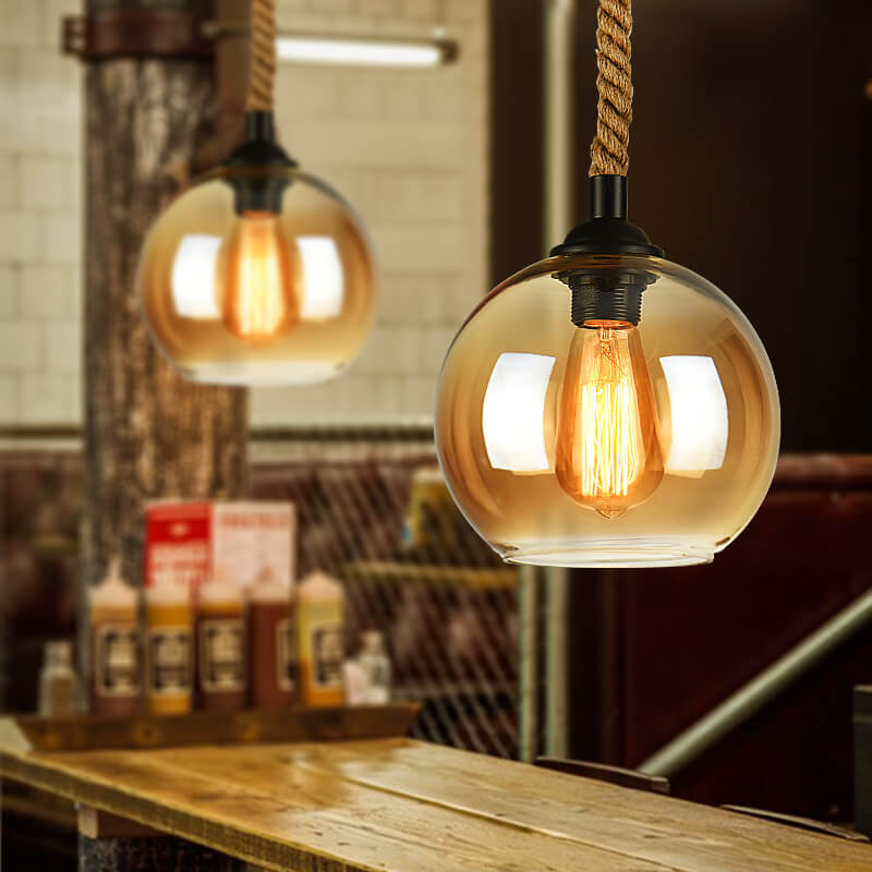 Retro Hanglamp met Glas Globe en Touw voor Woonkamer, Eettafel of Slaapkamer – Industrieel Design 0
