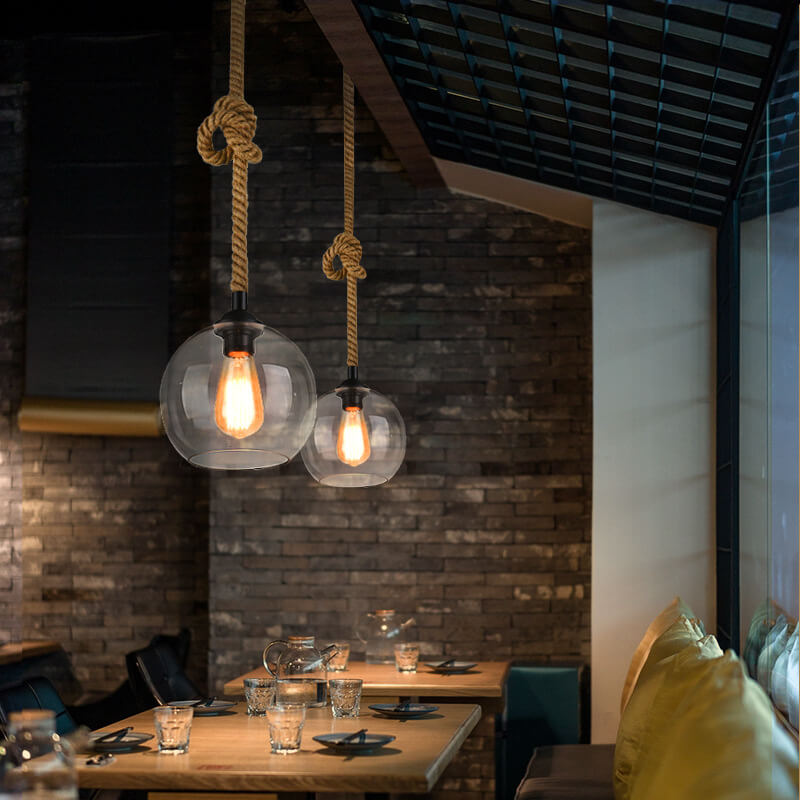 Retro Hanglamp met Glas Globe en Touw voor Woonkamer, Eettafel of Slaapkamer – Industrieel Design 2