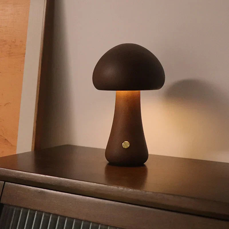 Houten Paddenstoel Nachtlampje met Touchbediening – LED Verlichting Walnoot Groot