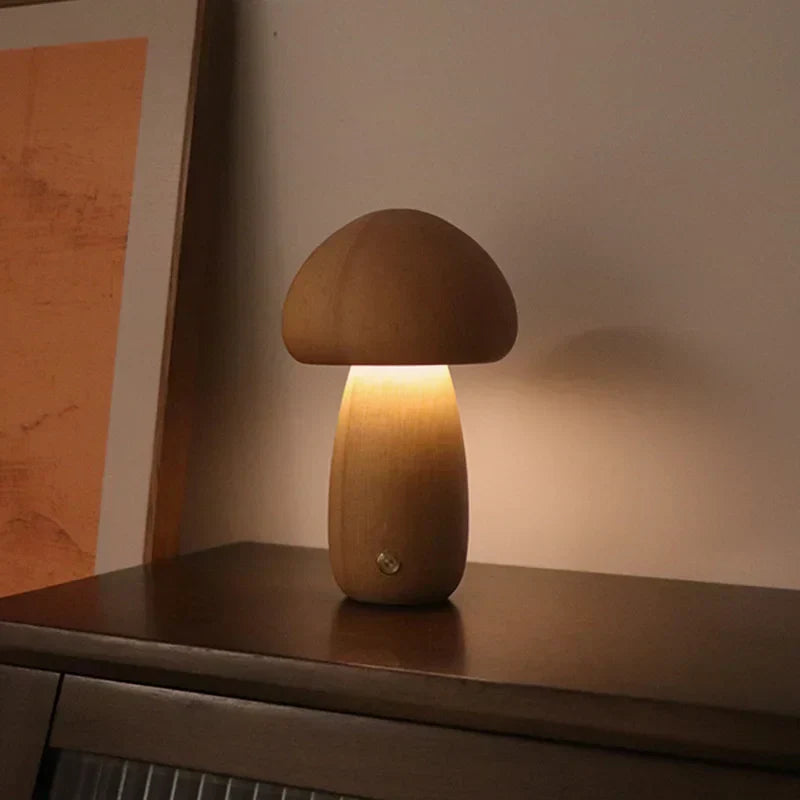 Houten Paddenstoel Nachtlampje met Touchbediening – LED Verlichting Beuken Klassiek