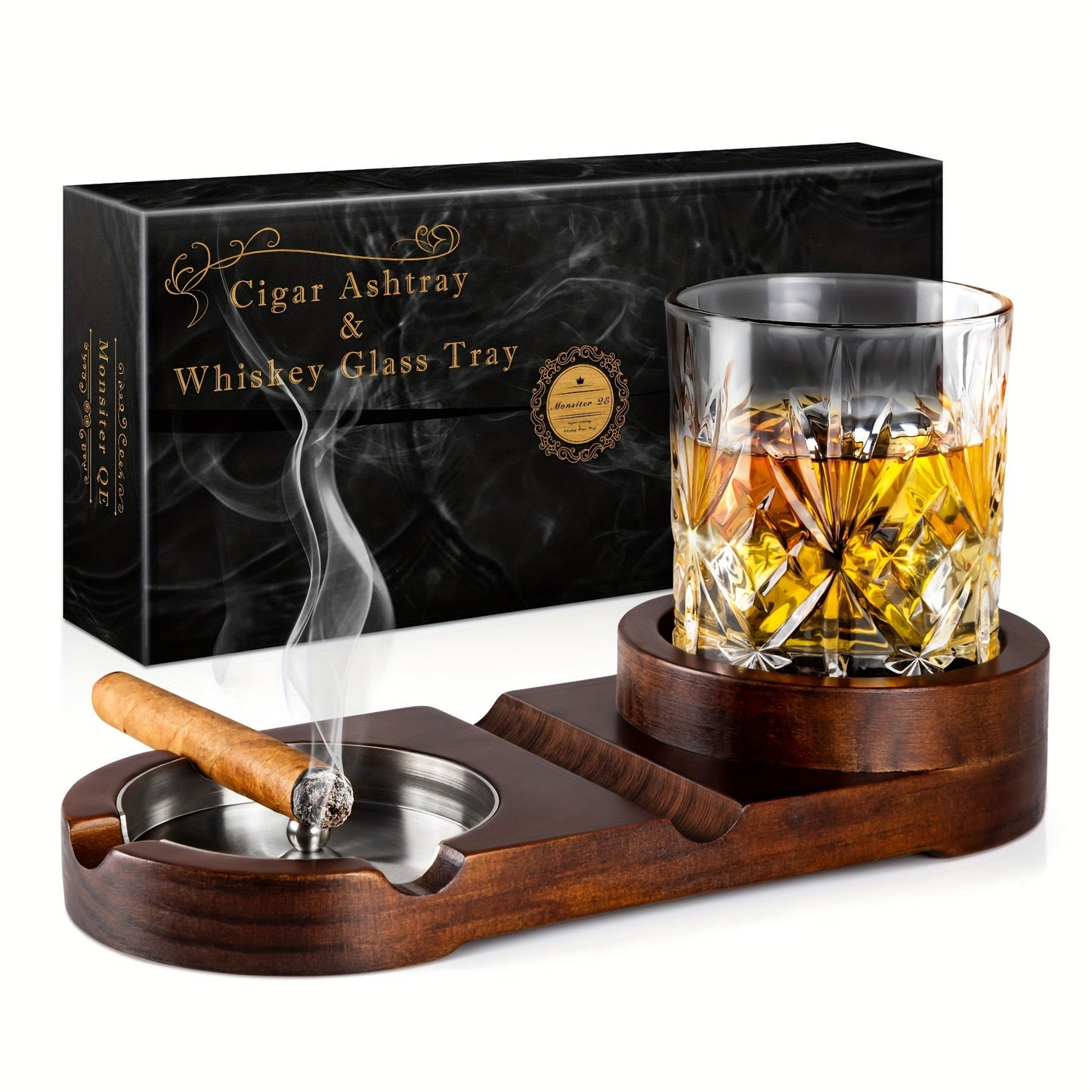 Stijlvolle Sigarenasbak met Houten Basis en Afneembaar Asbakje voor Whiskey Glas 2