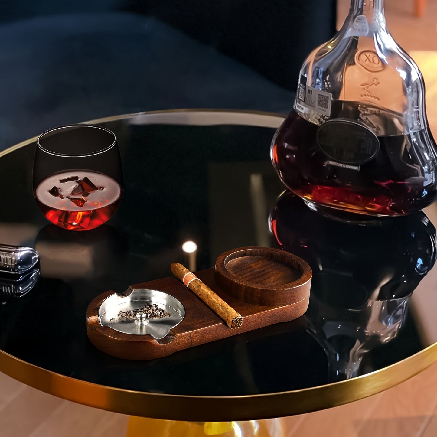 Stijlvolle Sigarenasbak met Houten Basis en Afneembaar Asbakje voor Whiskey Glas 3