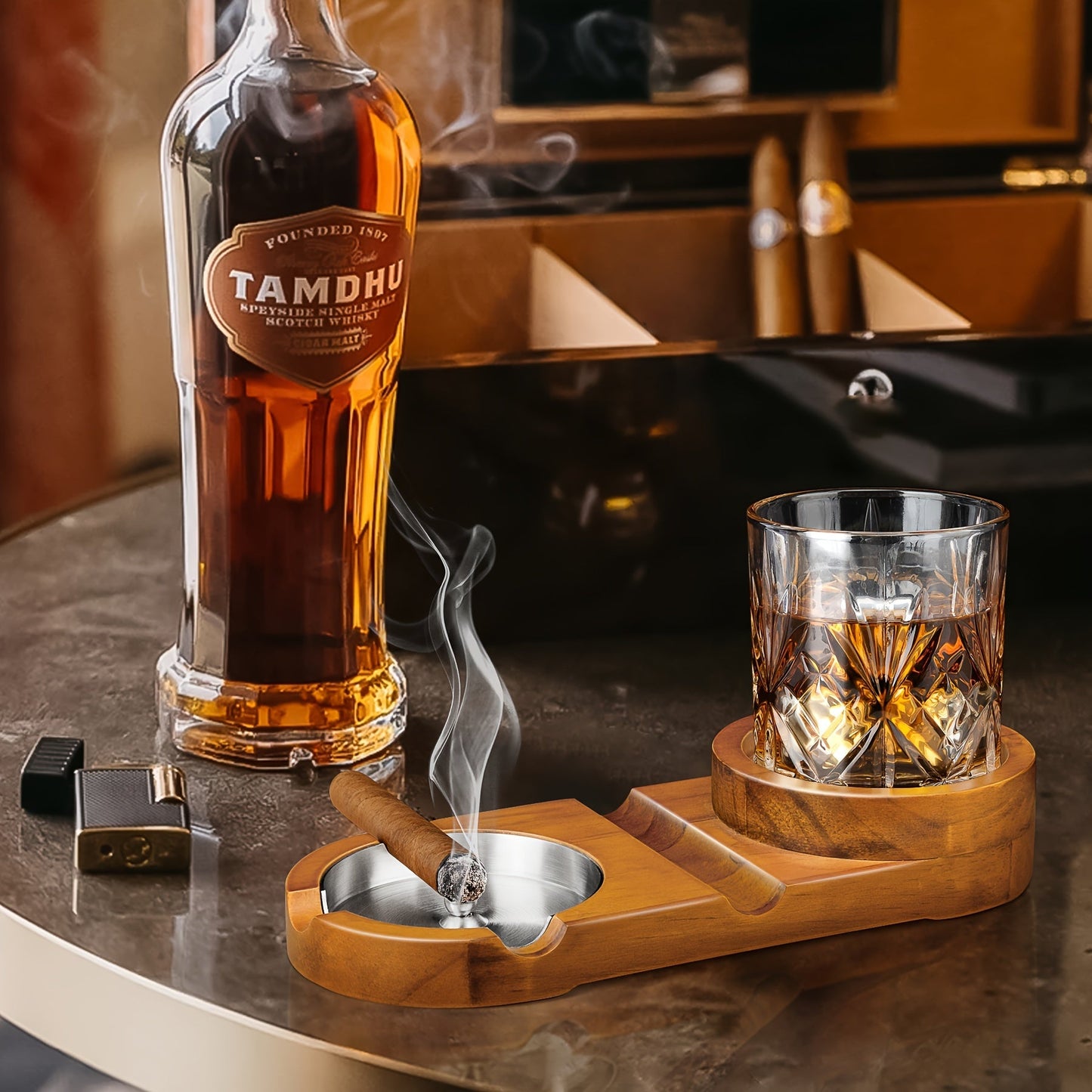 Stijlvolle Sigarenasbak met Houten Basis en Afneembaar Asbakje voor Whiskey Glas 5