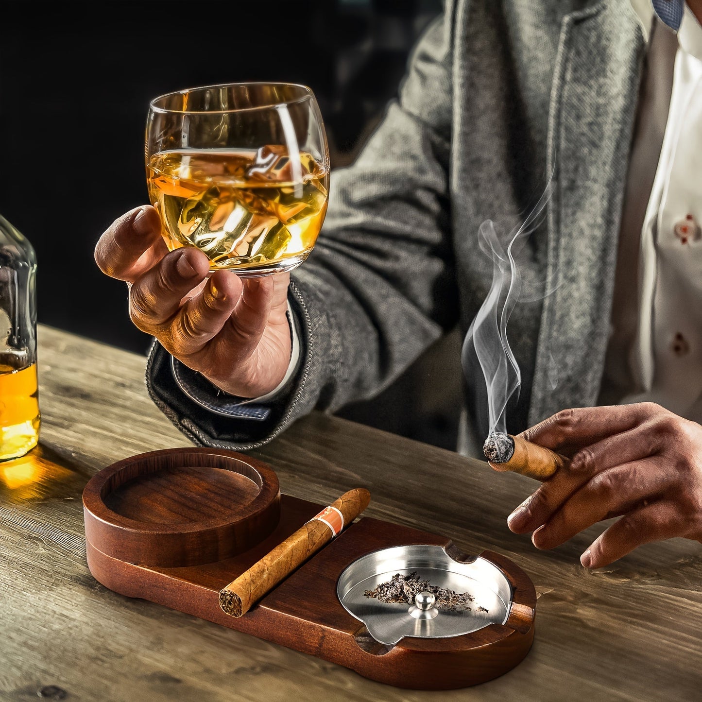 Stijlvolle Sigarenasbak met Houten Basis en Afneembaar Asbakje voor Whiskey Glas 8