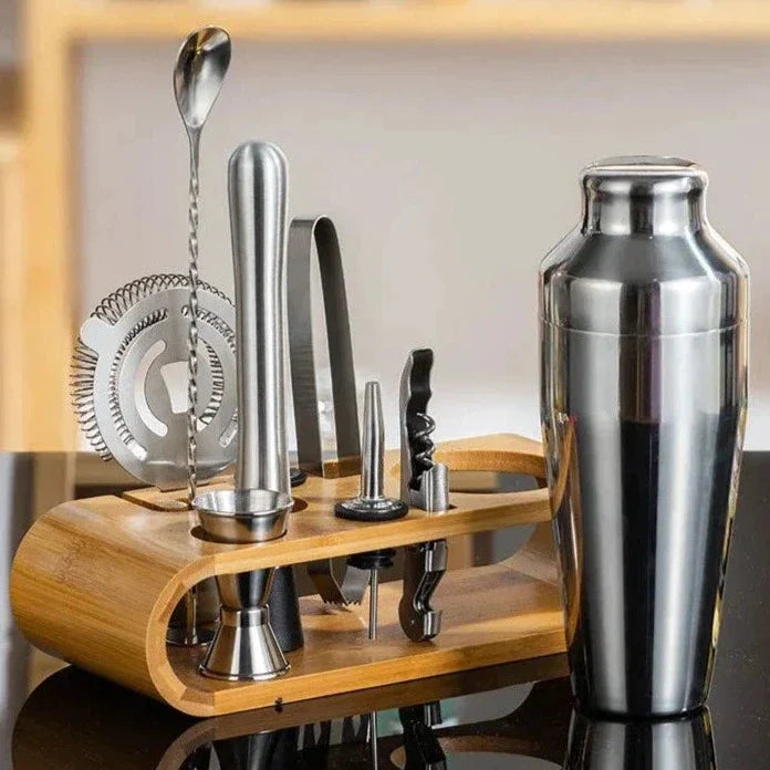 Cocktail Shaker Set met Bamboe Standaard 10-delig RVS
