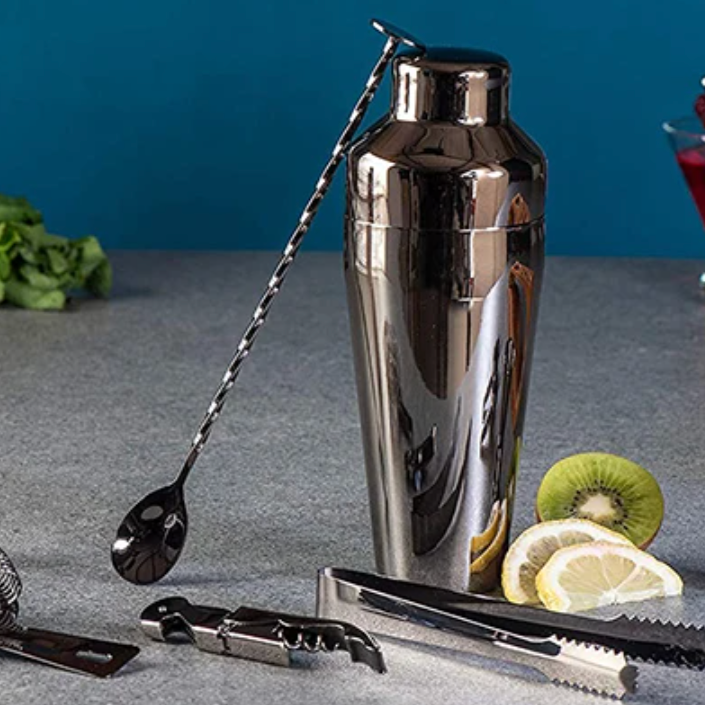 Cocktail Shaker Set met Bamboe Standaard 10-delig RVS