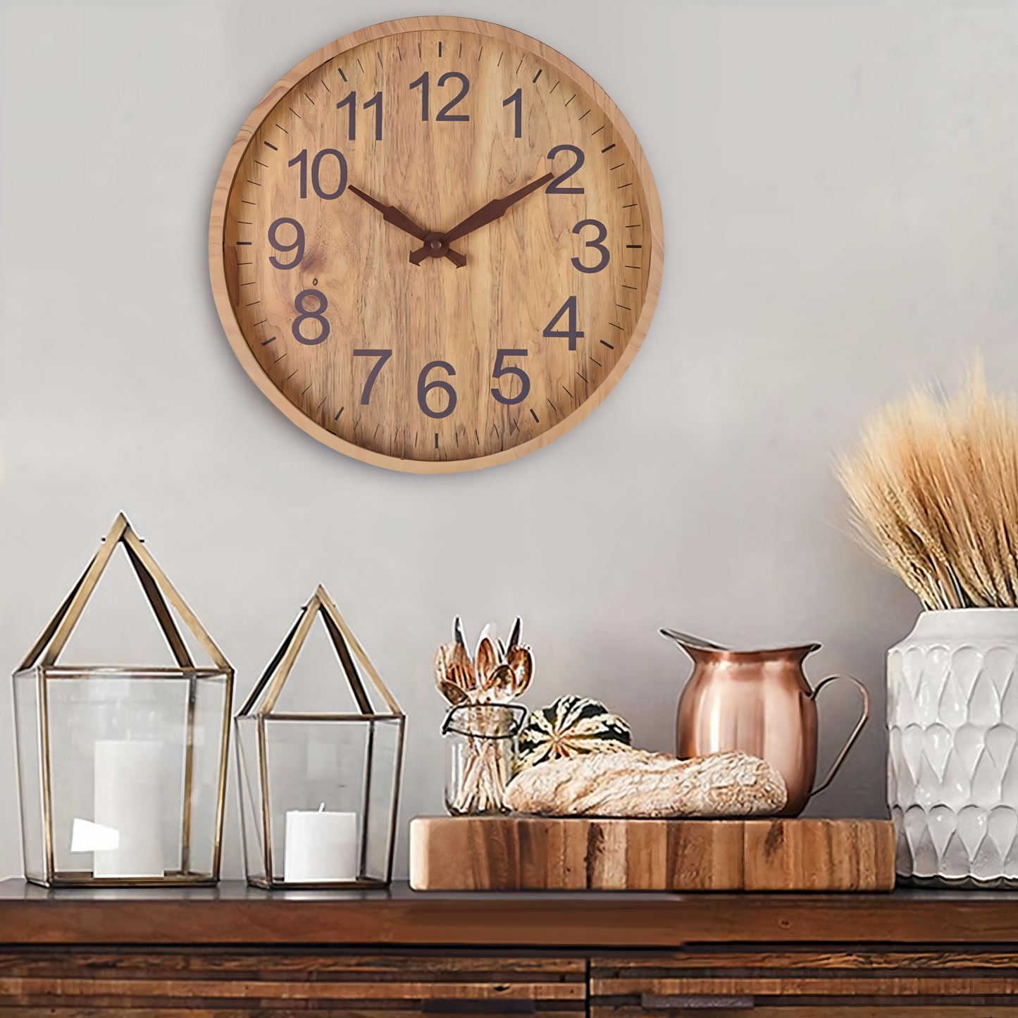 Elegante Houten Wandklok – Stille Keukenklok met Grote Cijfers en Geruisloze Werking 0