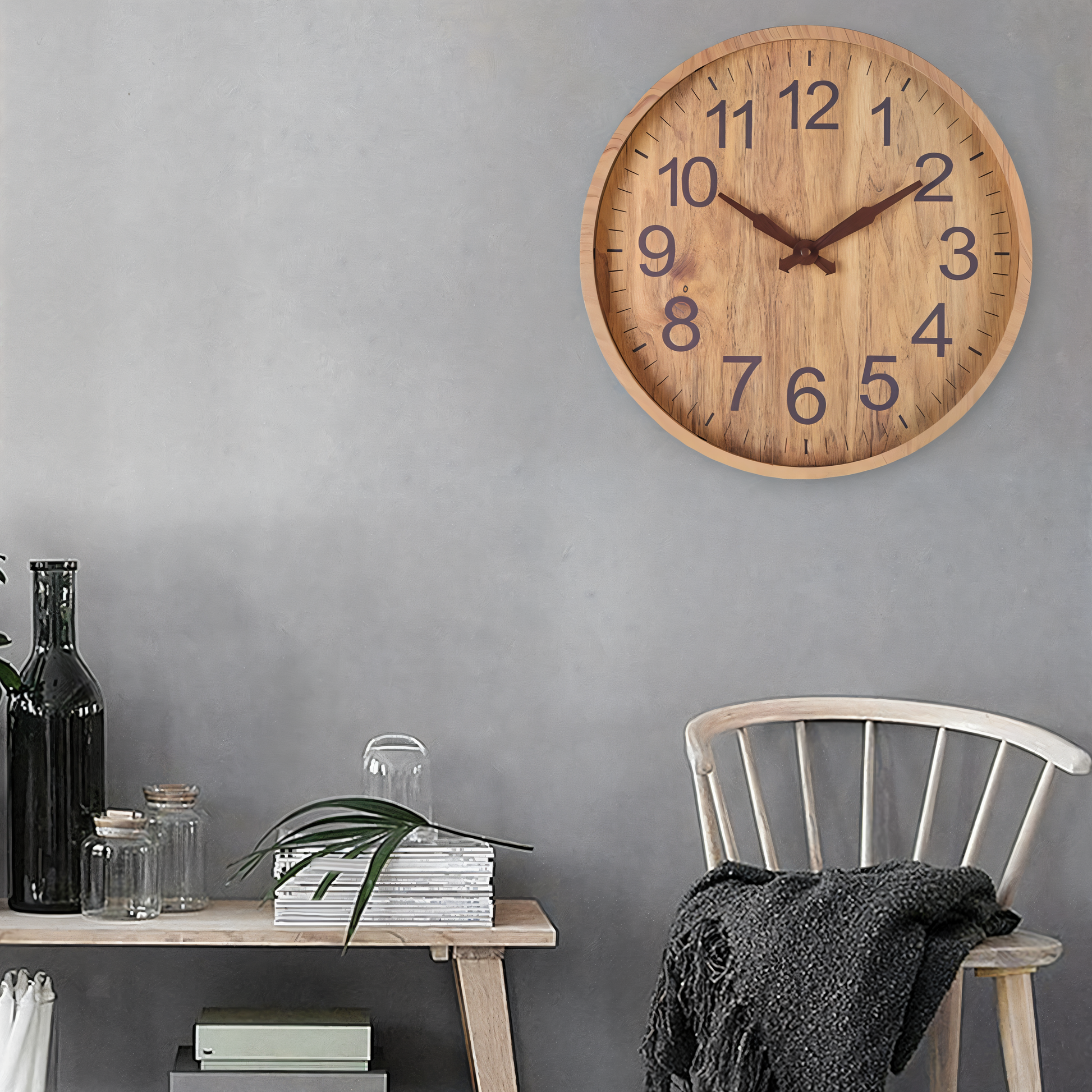 Elegante Houten Wandklok – Stille Keukenklok met Grote Cijfers en Geruisloze Werking 2