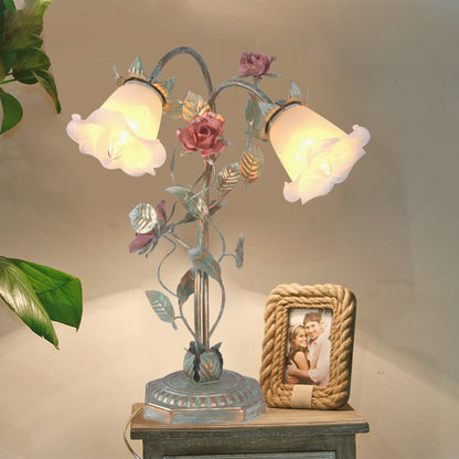 Groene Nachttafel Lamp met Bloemendecoratie – Shabby Chic Stijl voor Slaapkamer, Verstelbare Hoogte 2