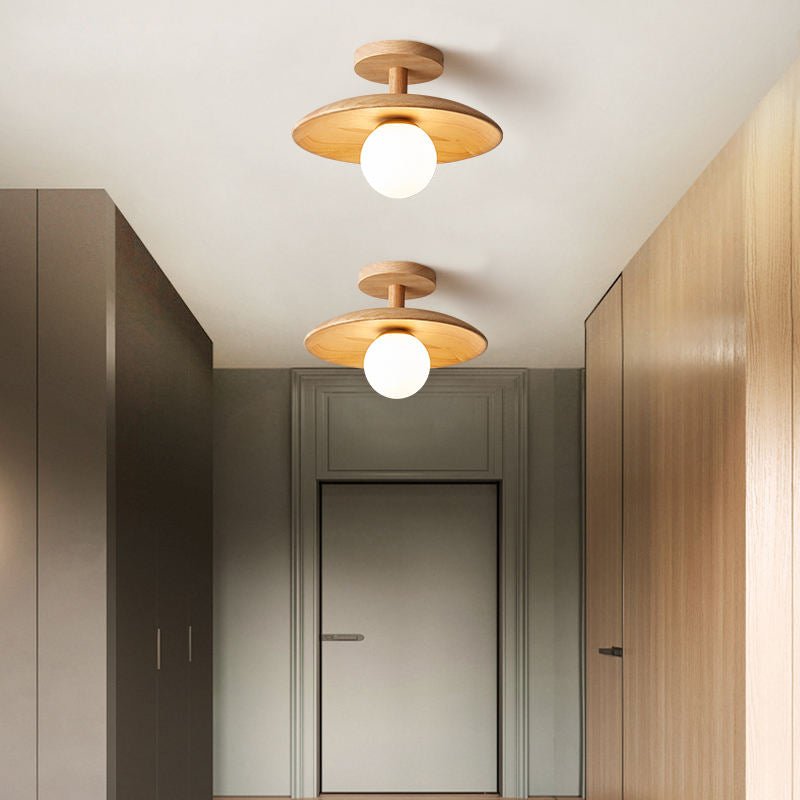Houten Plafondlamp met Glazen Bol - Scandinavische LED Lamp