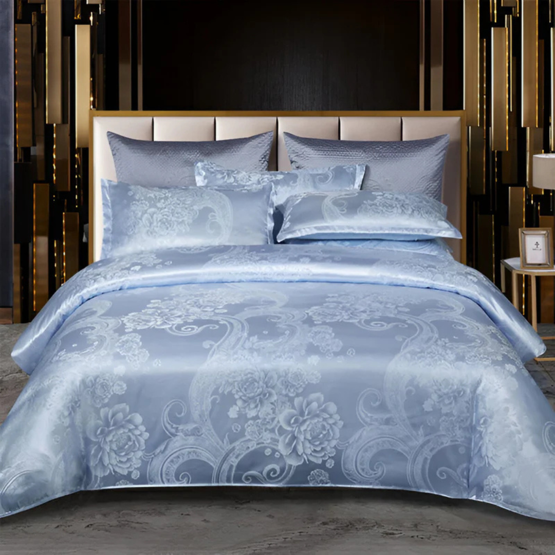 Luxe Satijnen Bedovertrek met Jacquard Design – Zijdezacht en Ademend Beddengoed Lichtblauw