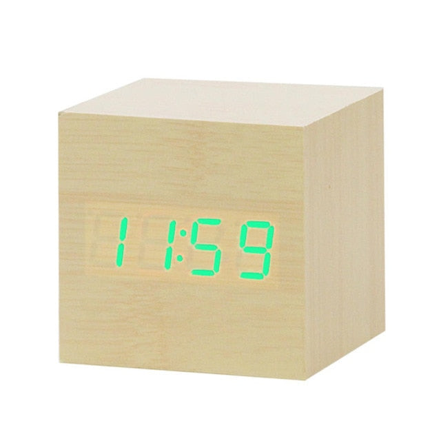 Digitale Wekker Minimalistisch Houtlook met LED Display Koffiekubus groen licht