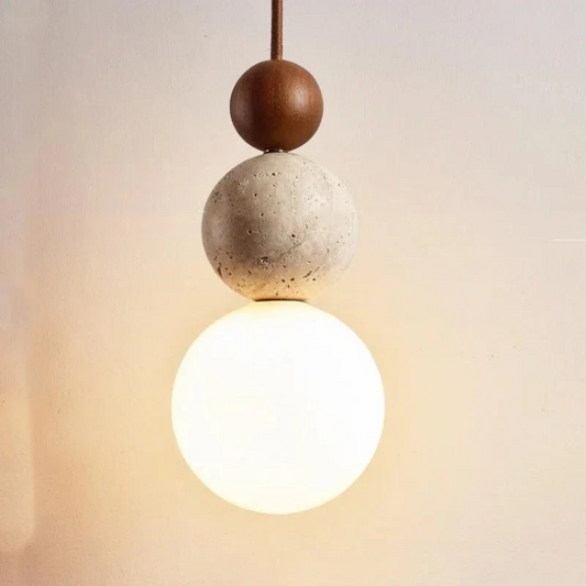 Moderne Hanglamp van Travertijn en Mahonie voor Eettafel en Woonkamer – LED Verlichting 0