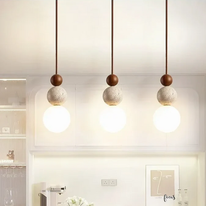 Moderne Hanglamp van Travertijn en Mahonie voor Eettafel en Woonkamer – LED Verlichting 1