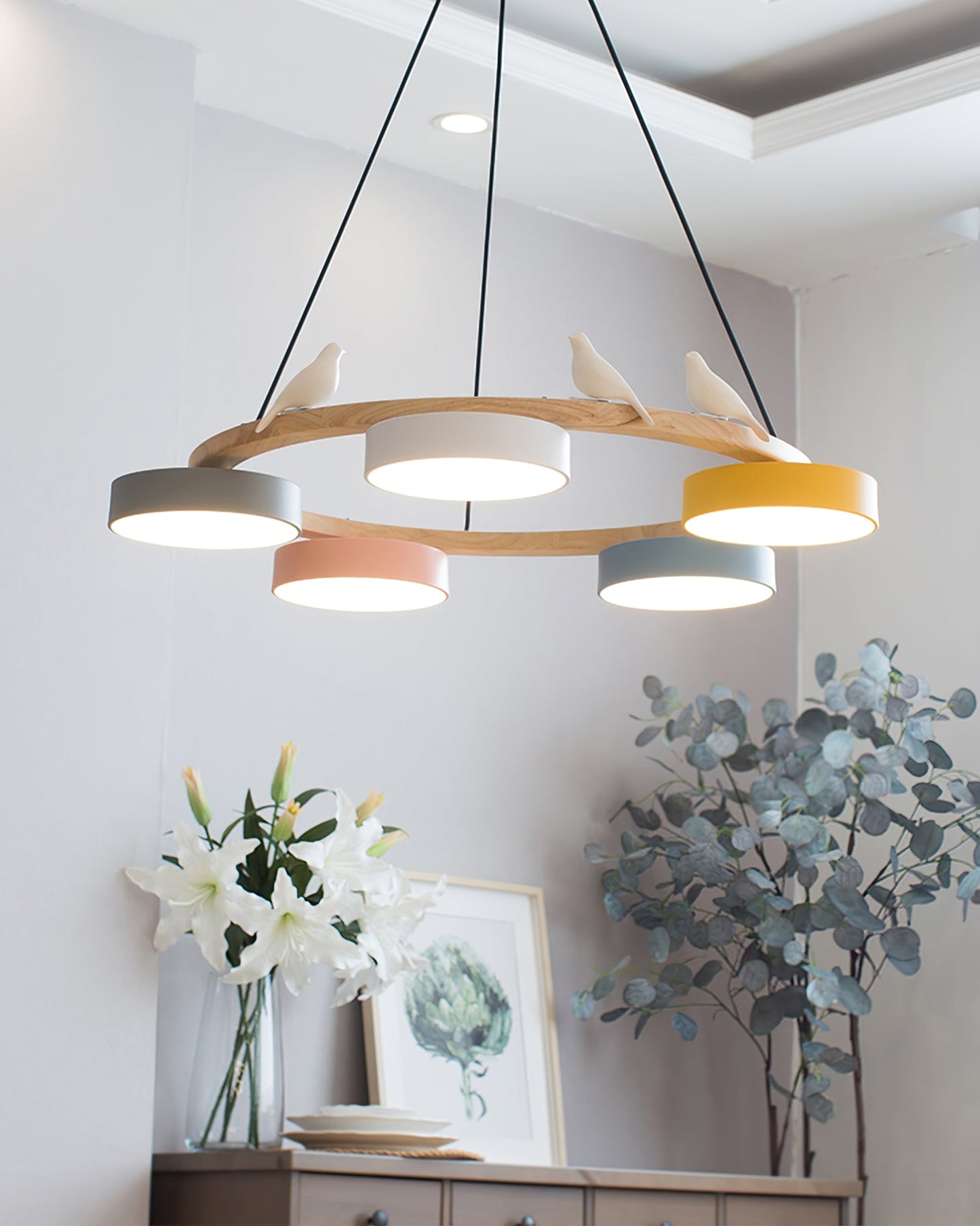 Moderne Kroonluchter van Hout met Vogelfiguren en LED Verlichting – Ronde Plafondlamp voor Woonkamer en Eetkamer 18