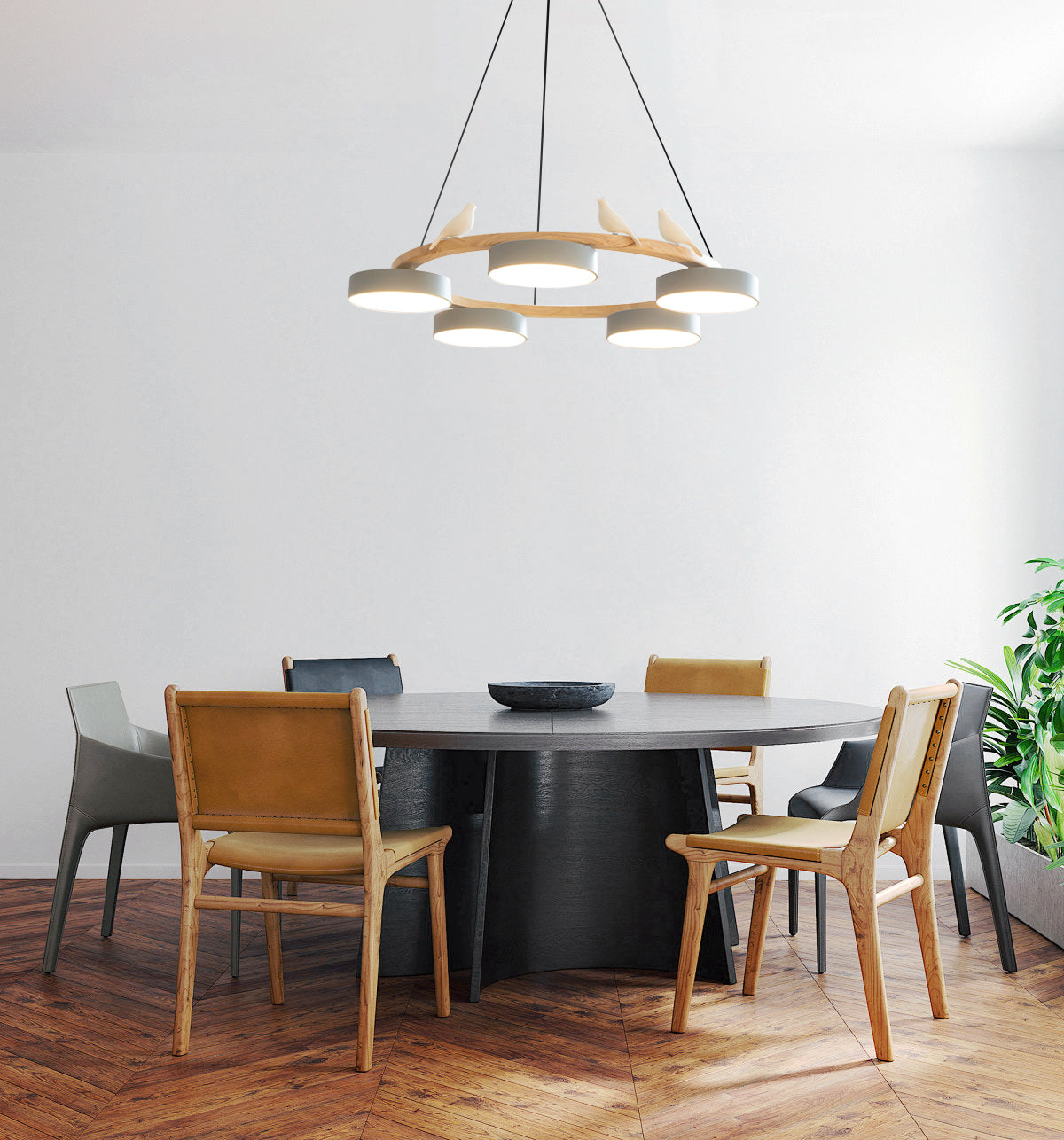 Moderne Kroonluchter van Hout met Vogelfiguren en LED Verlichting – Ronde Plafondlamp voor Woonkamer en Eetkamer 8