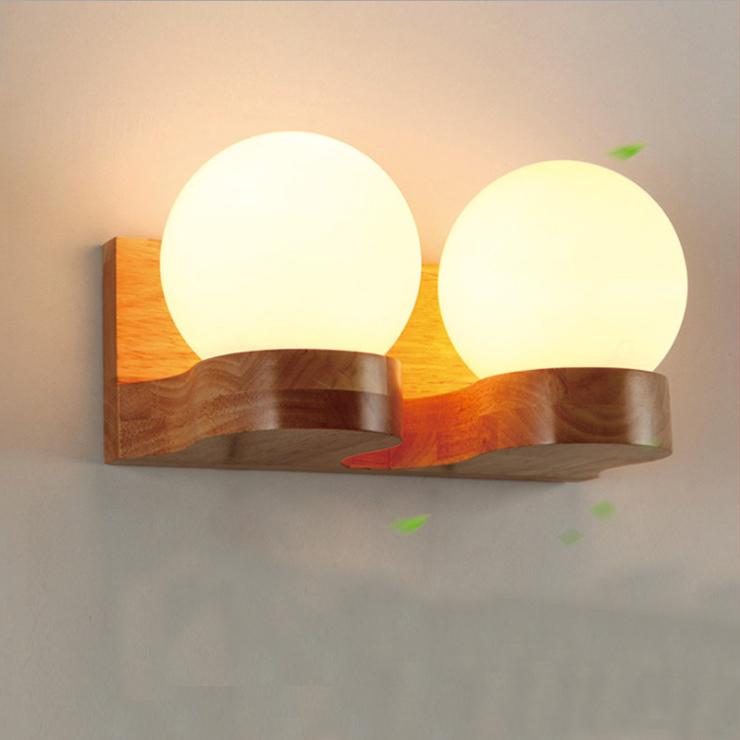 Houten Wandlamp met Glazen Bol - Modern LED bedlampje 2 Lampen