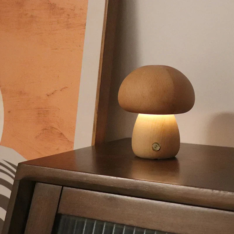 Houten Paddenstoel Nachtlampje met Touchbediening – LED Verlichting Beuken Mini