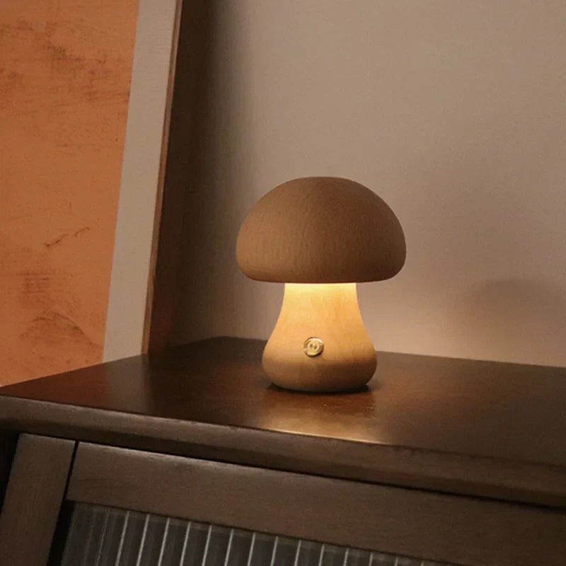 Houten Paddenstoel Nachtlampje met Touchbediening – LED Verlichting Beuken Klein