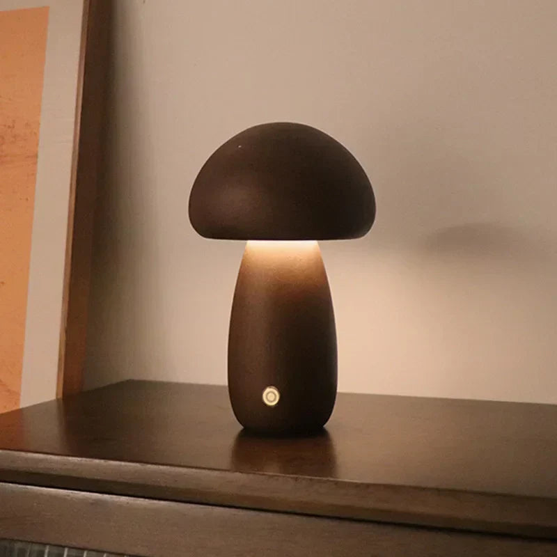 Houten Paddenstoel Nachtlampje met Touchbediening – LED Verlichting Walnoot Klassiek