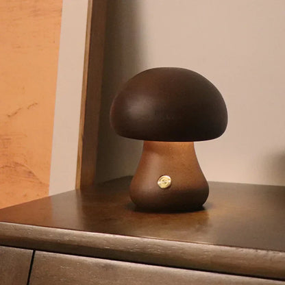 Houten Paddenstoel Nachtlampje met Touchbediening – LED Verlichting Walnoot Klein