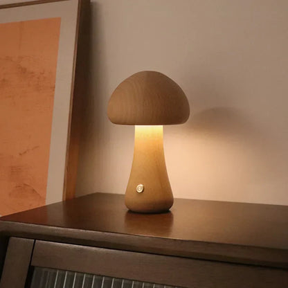 Houten Paddenstoel Nachtlampje met Touchbediening – LED Verlichting Beuken Groot