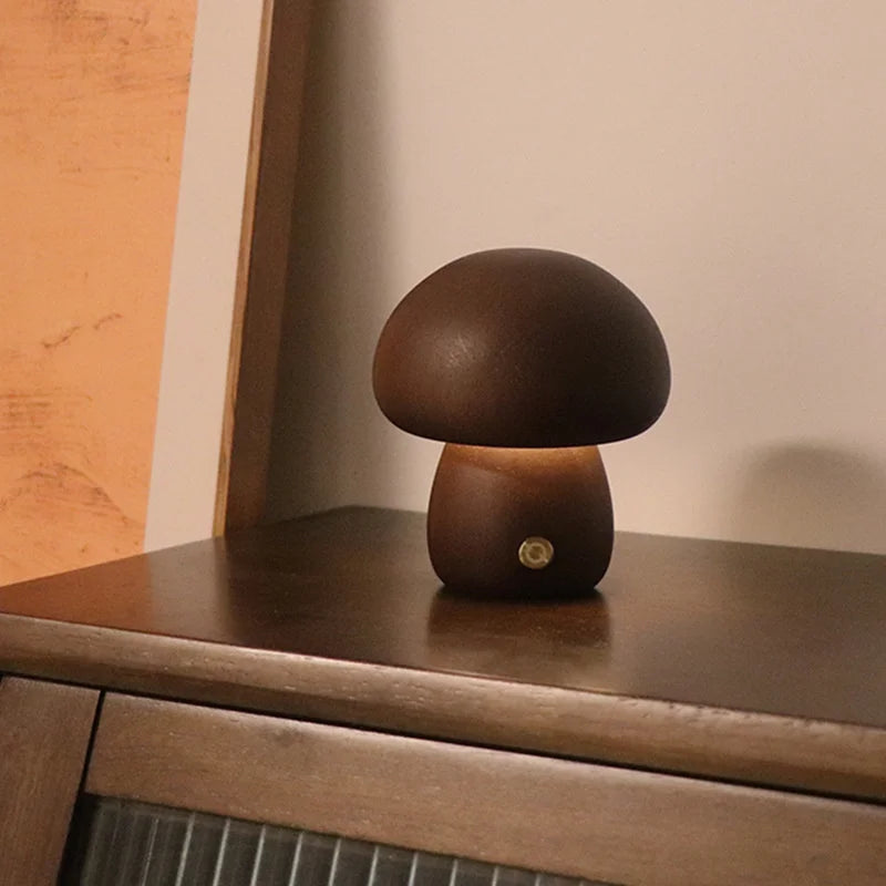 Houten Paddenstoel Nachtlampje met Touchbediening – LED Verlichting Walnoot Mini
