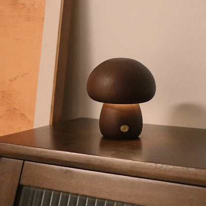 Houten Paddenstoel Nachtlampje met Touchbediening – LED Verlichting Walnoot Mini